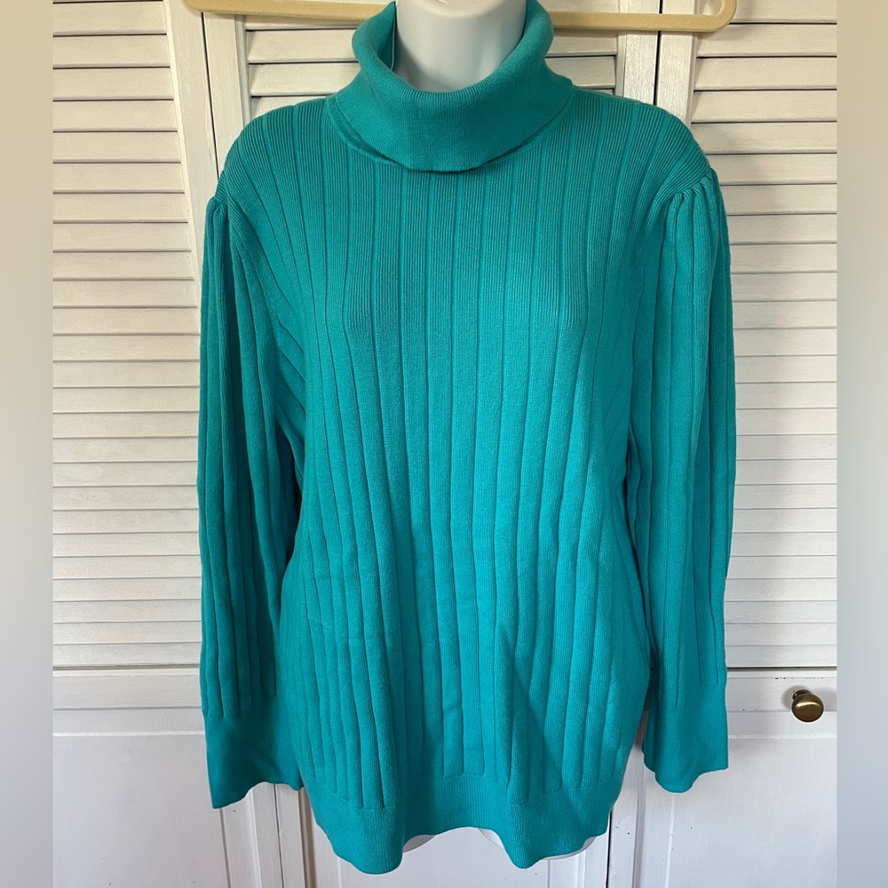 Talbots Puff Sleeve Ribbed Turtleneck Teal Plus Size 3X